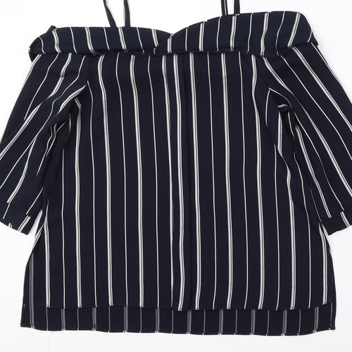 River Island Womens Blue Striped Polyester Basic Blouse Size 8 Round Neck