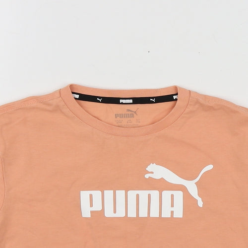 PUMA Girls Orange Geometric Cotton Basic T-Shirt Size 5-6 Years Round Neck