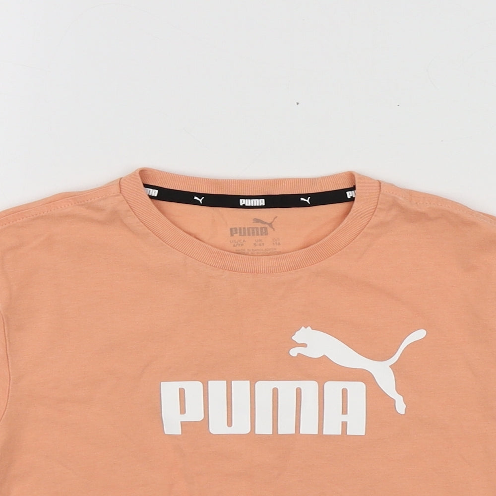 PUMA Girls Orange Geometric Cotton Basic T-Shirt Size 5-6 Years Round Neck