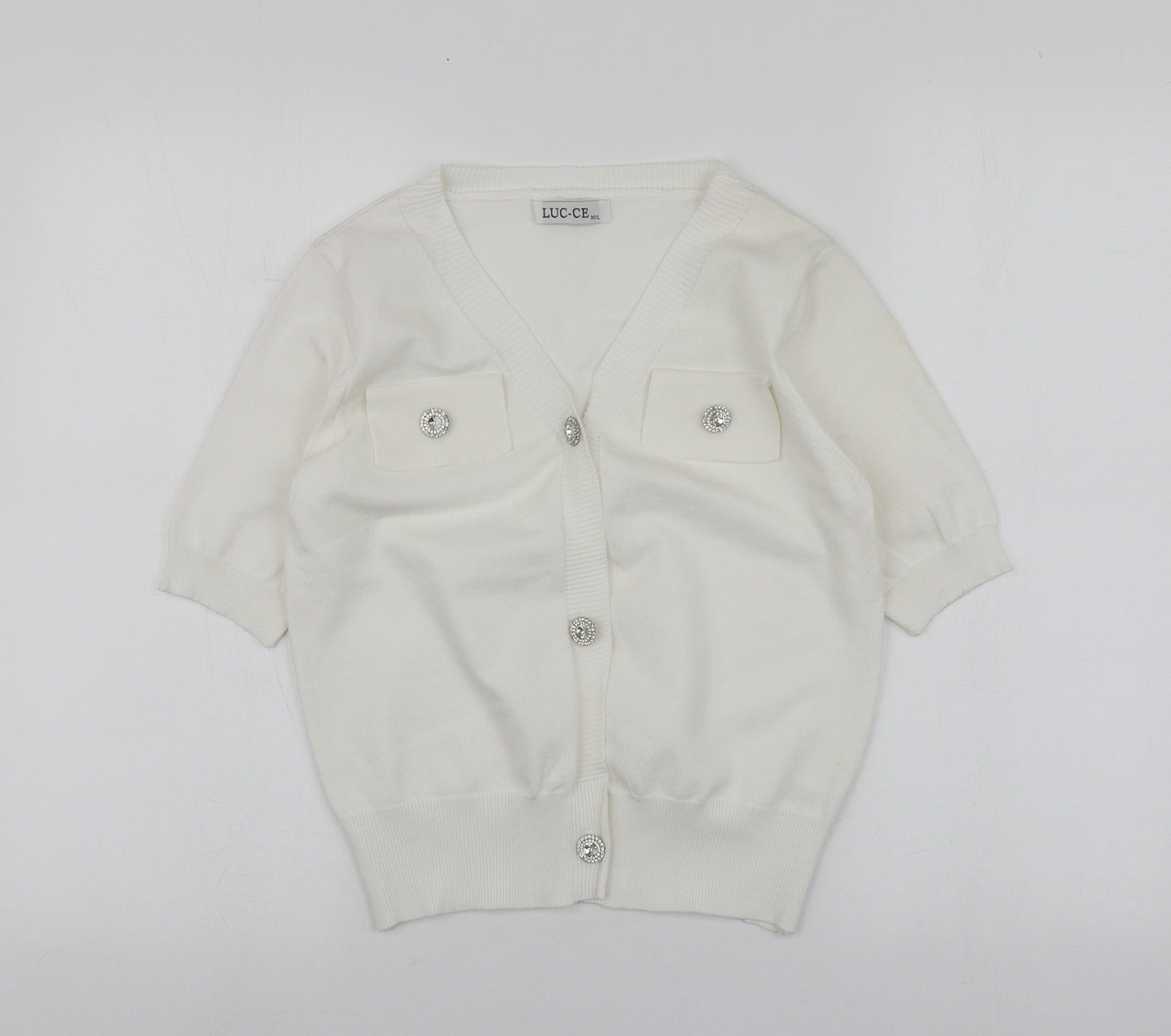 Luc-ce Womens White V-Neck  Viscose Cardigan Jumper Size M