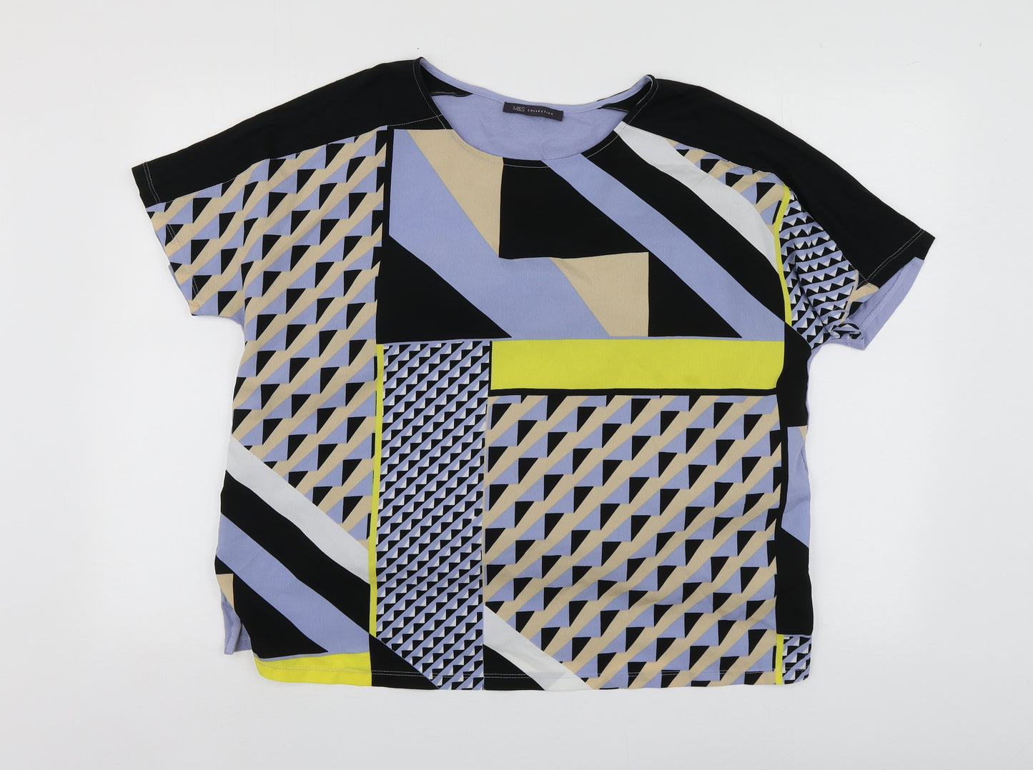 M&S Womens Blue Geometric Viscose Basic Blouse Size 18 Round Neck