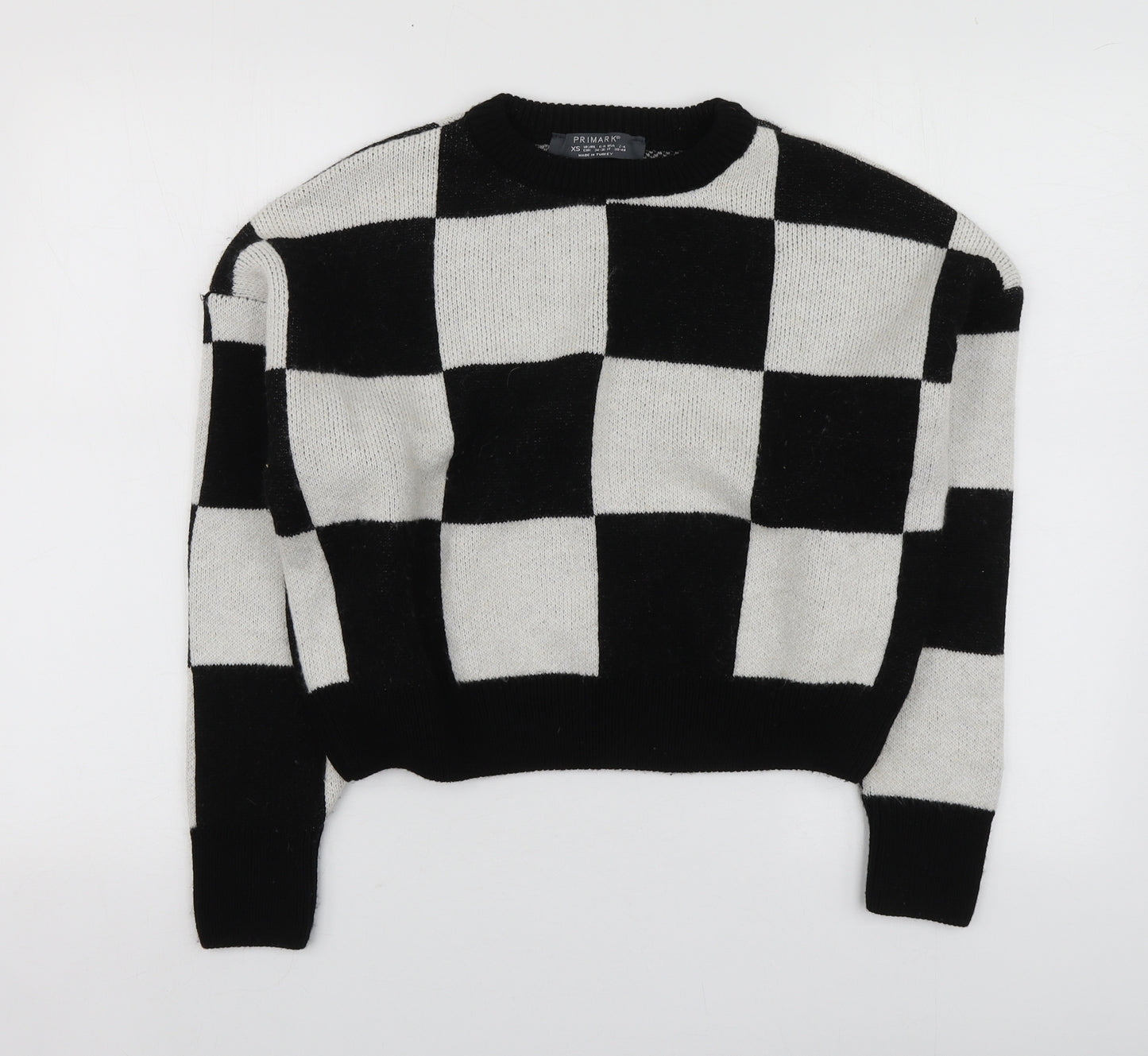 Primark Womens Black Round Neck Check Acrylic Pullover Jumper Size XS