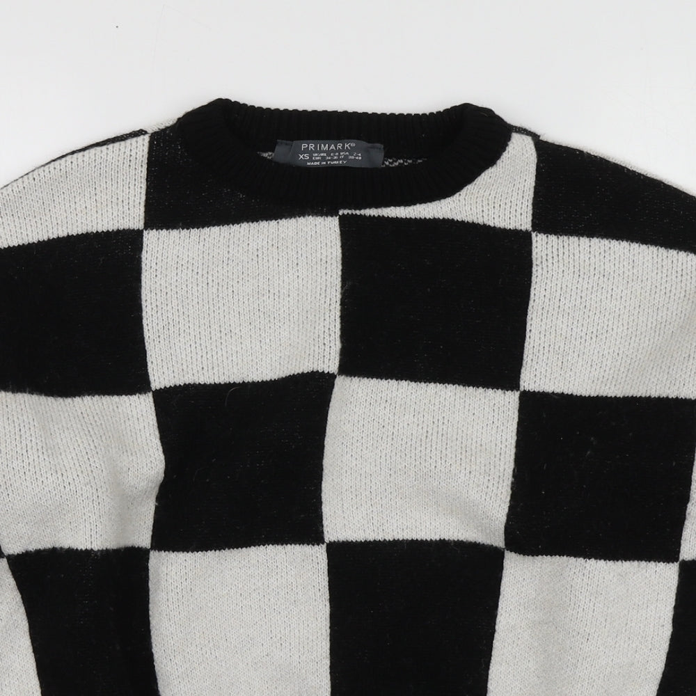 Primark Womens Black Round Neck Check Acrylic Pullover Jumper Size XS