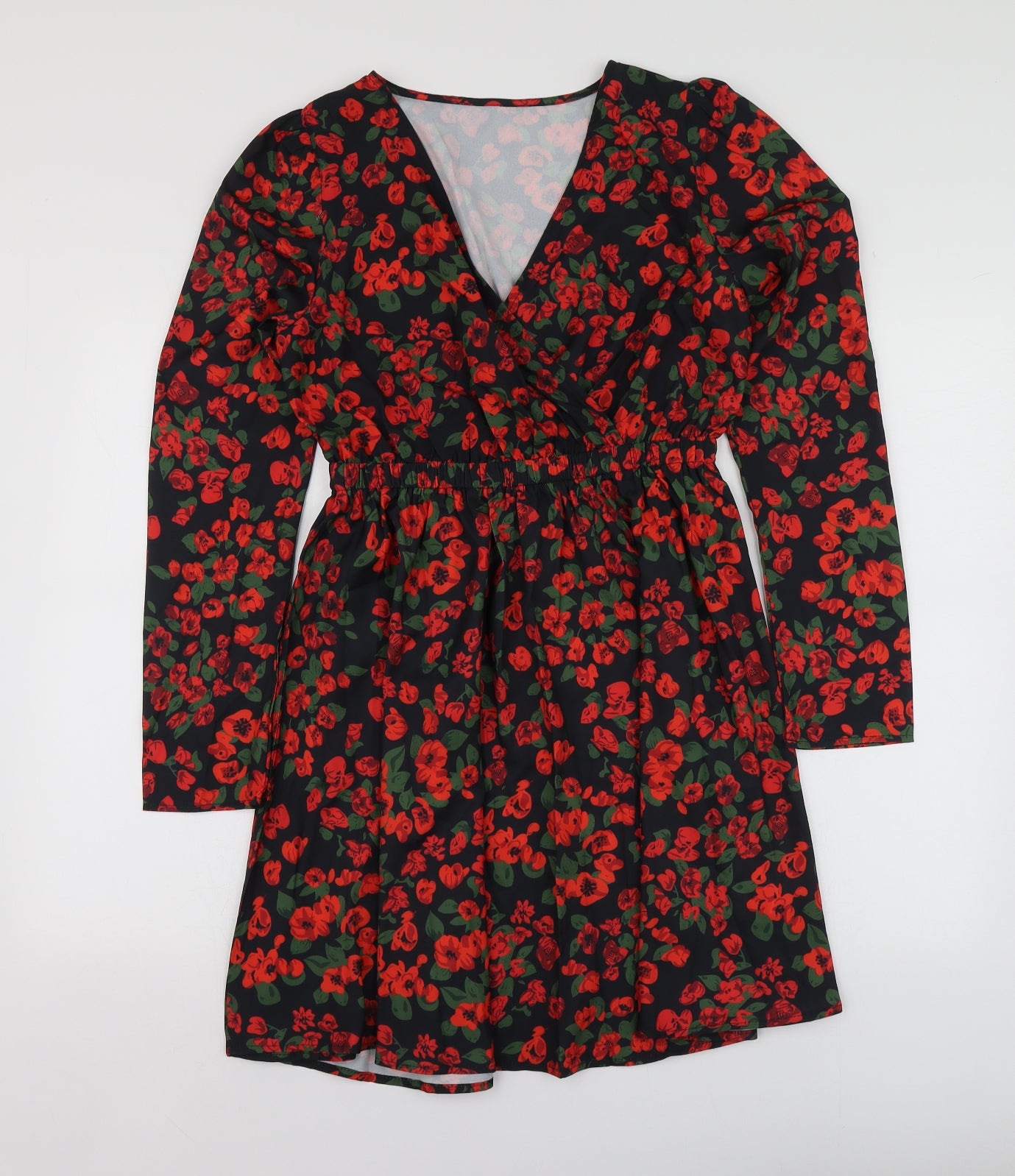 SheIn Womens Black Floral Polyester Skater Dress  Size S  V-Neck