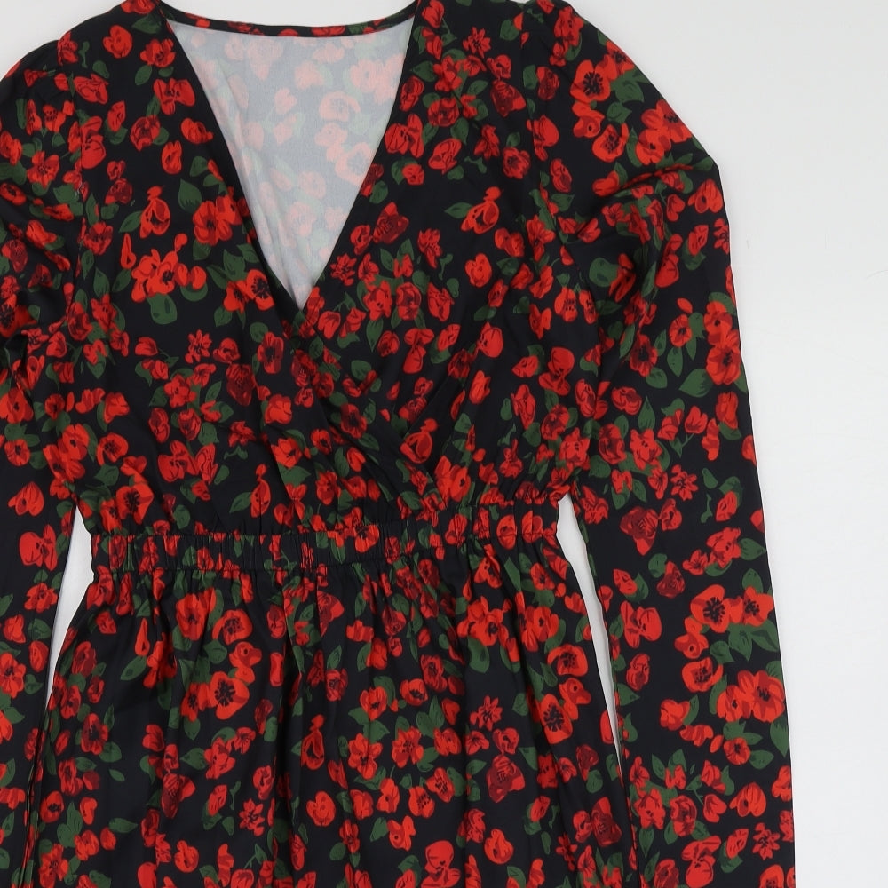 SheIn Womens Black Floral Polyester Skater Dress  Size S  V-Neck
