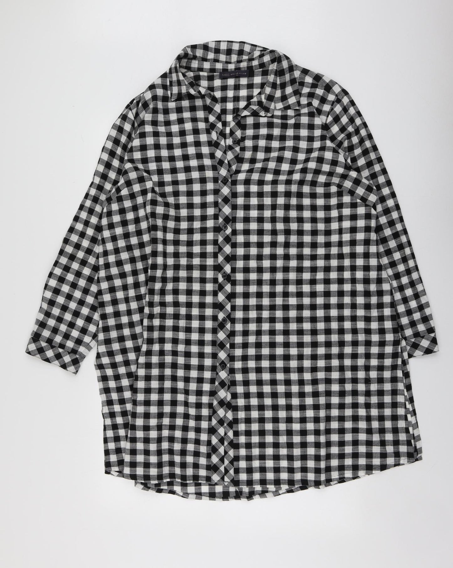M&S Womens Black Check Cotton Basic Button-Up Size 18 Collared