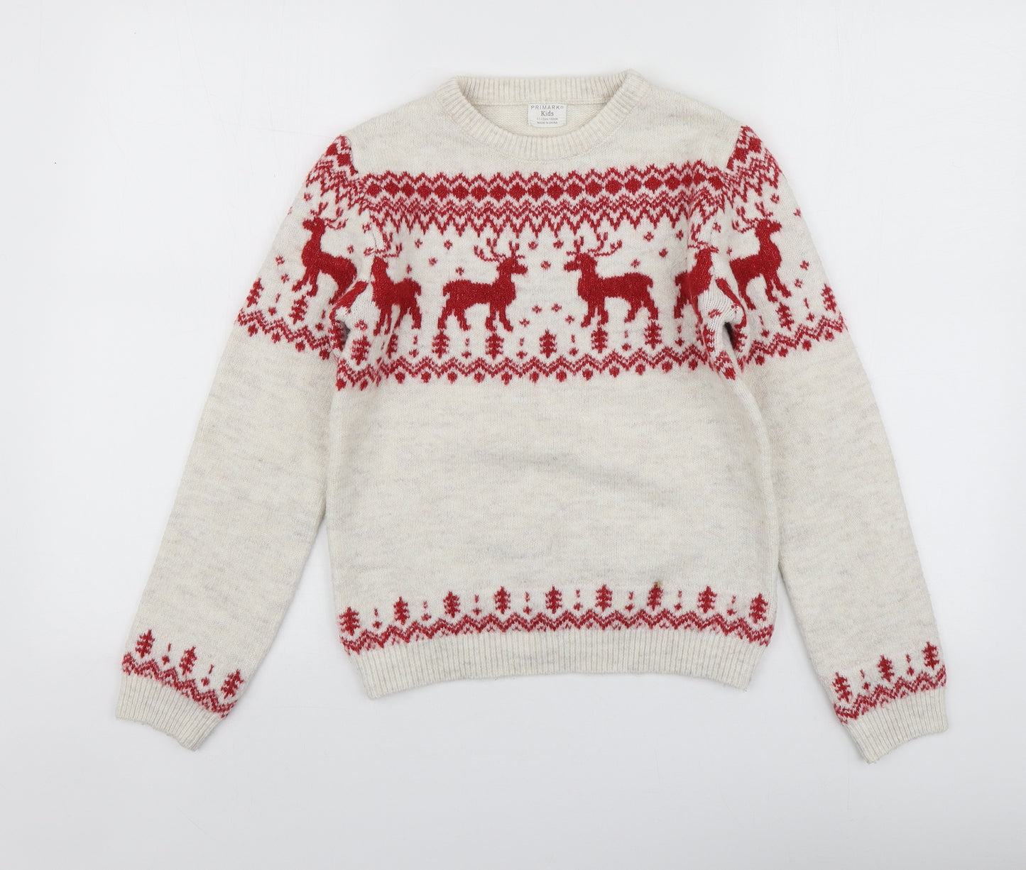 Primark Girls Beige Round Neck Geometric Acrylic Pullover Jumper Size 11-12 Years   - Santa Jumper