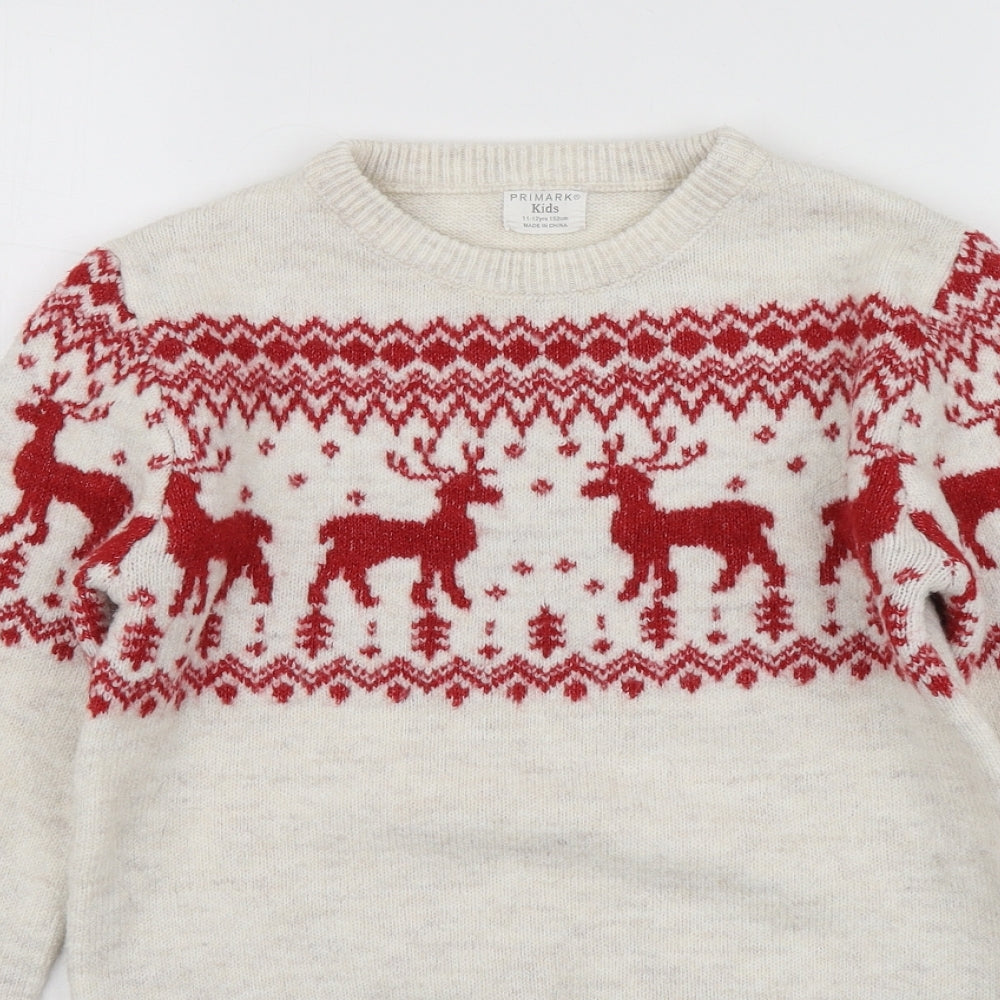 Primark Girls Beige Round Neck Geometric Acrylic Pullover Jumper Size 11-12 Years   - Santa Jumper