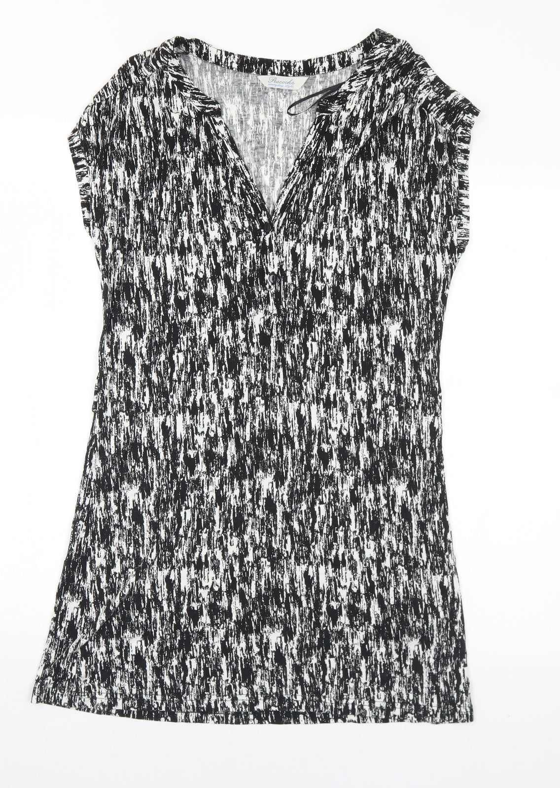 Peacocks Womens Black Geometric Viscose Tunic T-Shirt Size 12 V-Neck