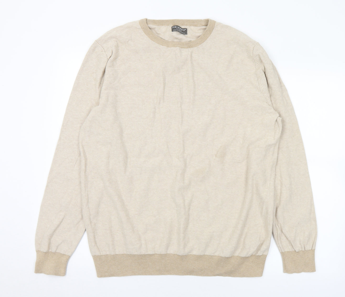 Primark Mens Beige Crew Neck Striped Cotton Pullover Jumper Size XL