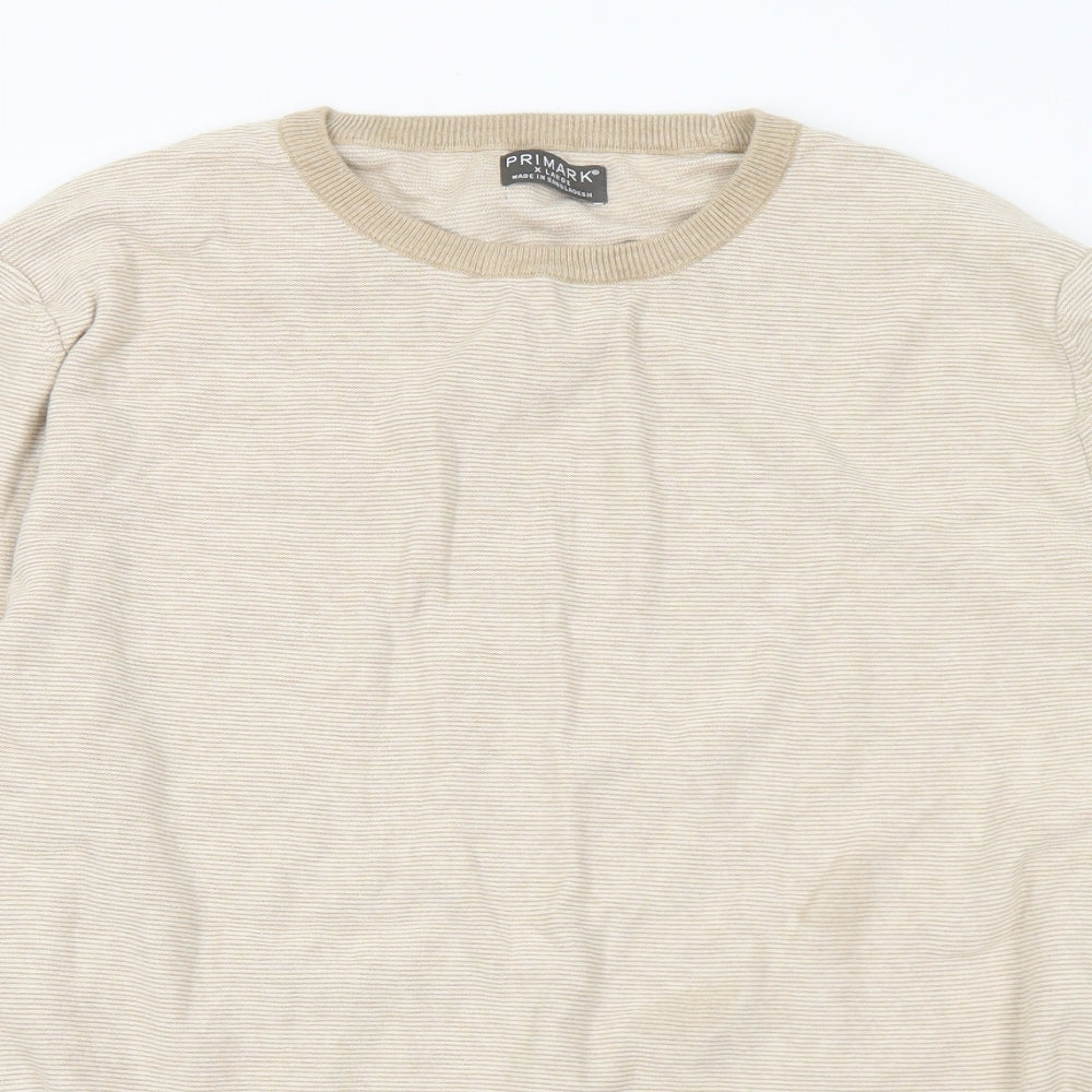 Primark Mens Beige Crew Neck Striped Cotton Pullover Jumper Size XL