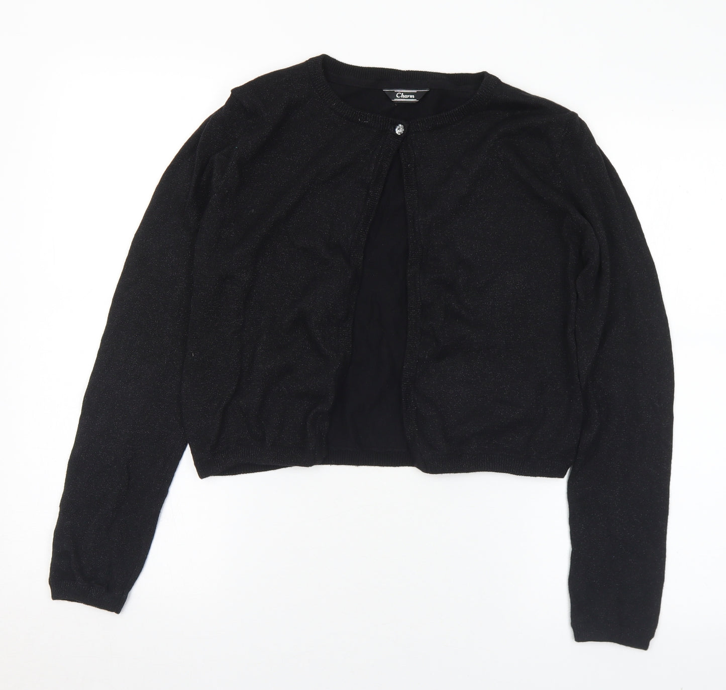 Charm Girls Black Round Neck  Cotton Cardigan Jumper Size 14-15 Years