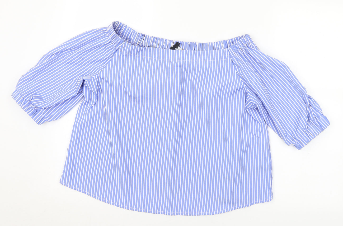 New Look Womens Blue Striped Polyester Basic T-Shirt Size 10 Off the Shoulder