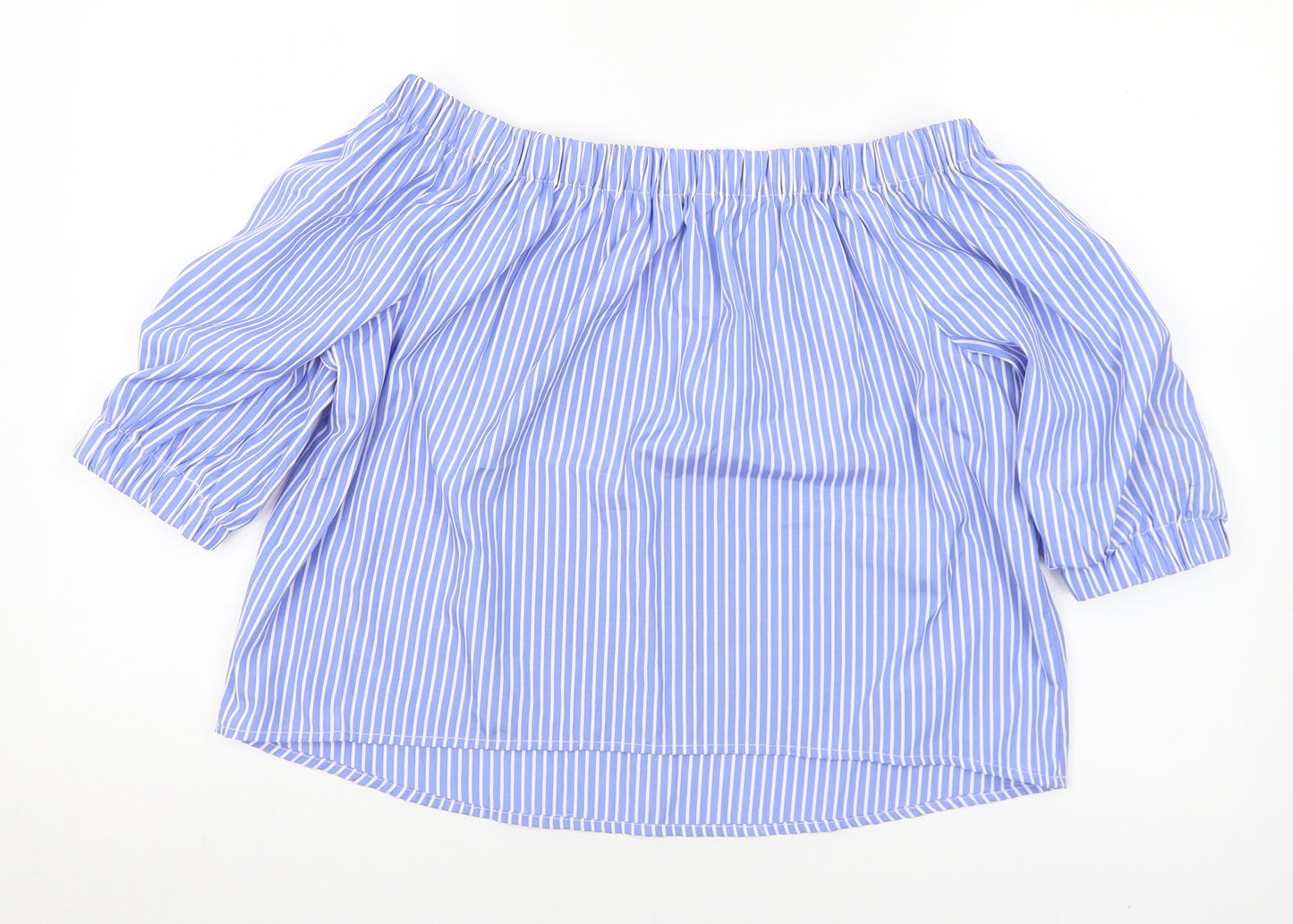 New Look Womens Blue Striped Polyester Basic T-Shirt Size 10 Off the Shoulder