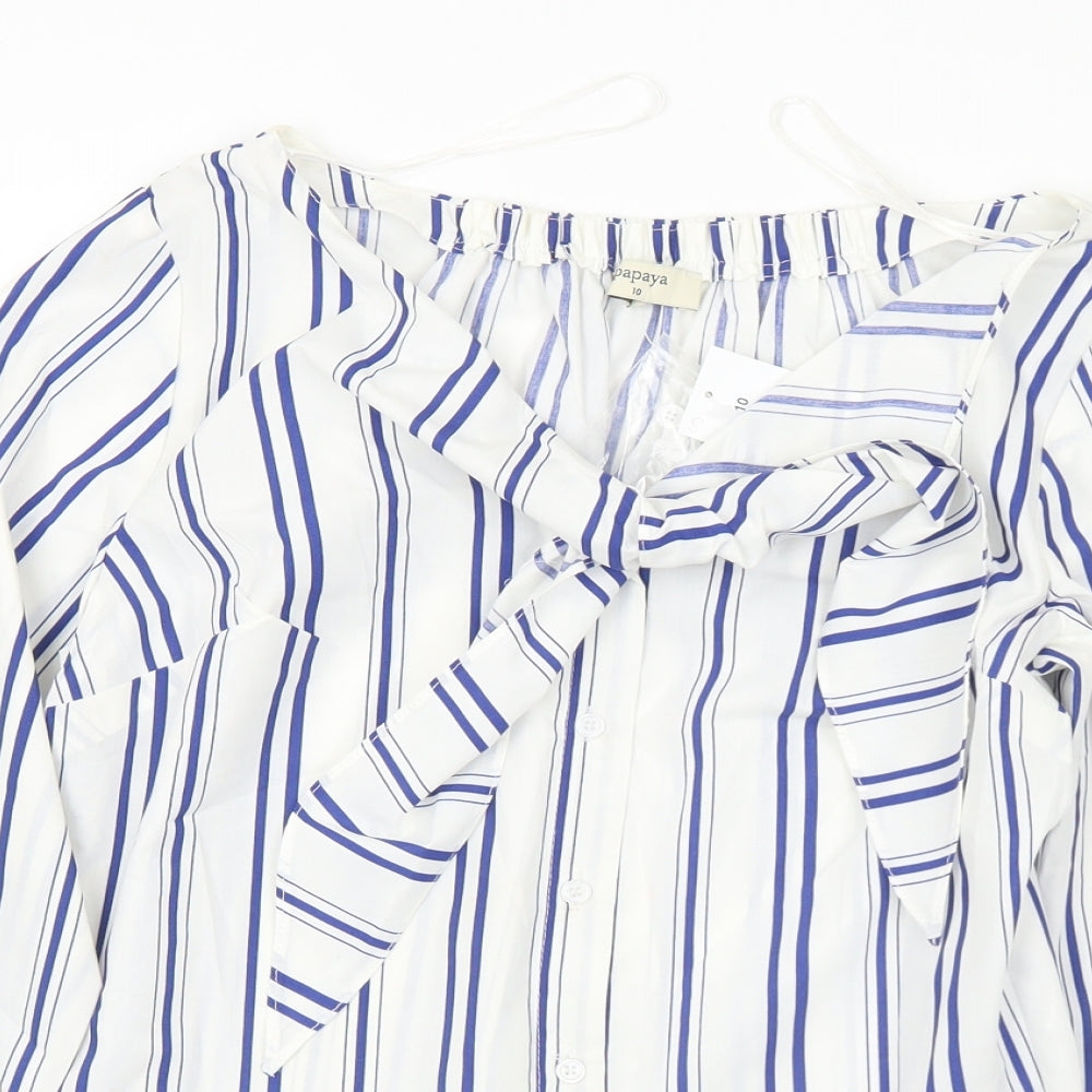 Matalan Womens White Striped Polyester Basic Blouse Size 10 Round Neck