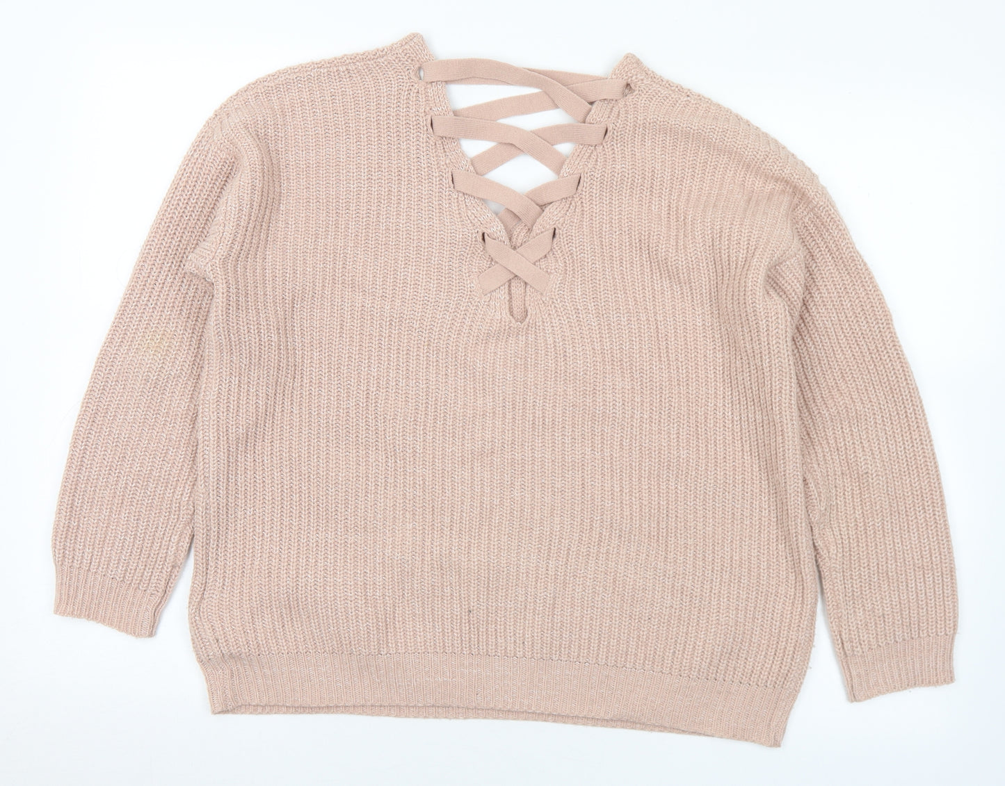 Peacocks Womens Pink V-Neck  Acrylic Pullover Jumper Size S