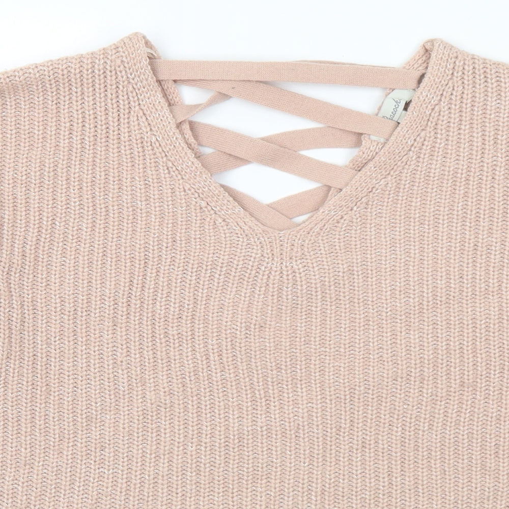 Peacocks Womens Pink V-Neck  Acrylic Pullover Jumper Size S
