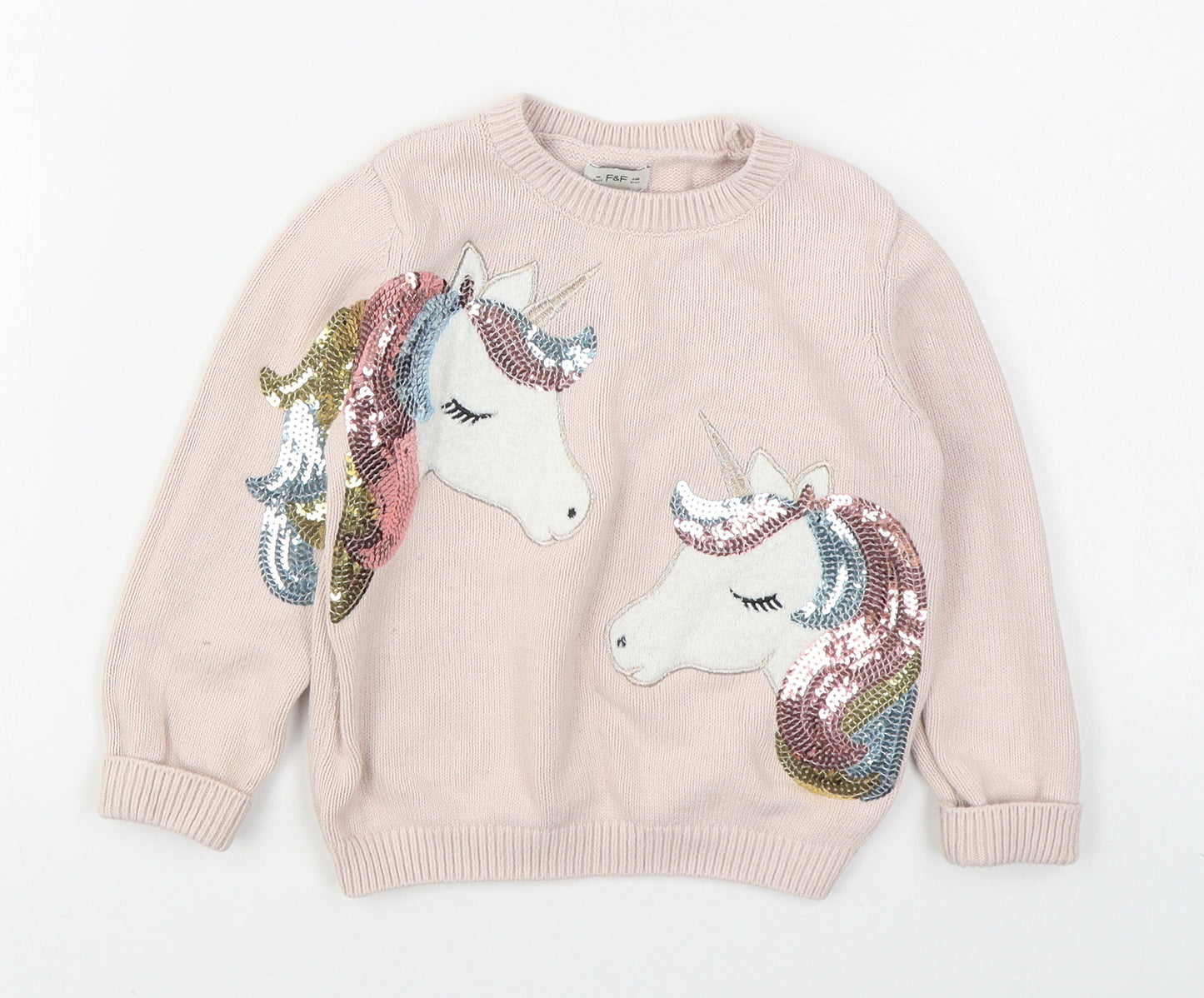 F&F Girls Pink Round Neck  Cotton Pullover Jumper Size 3-4 Years  Pullover