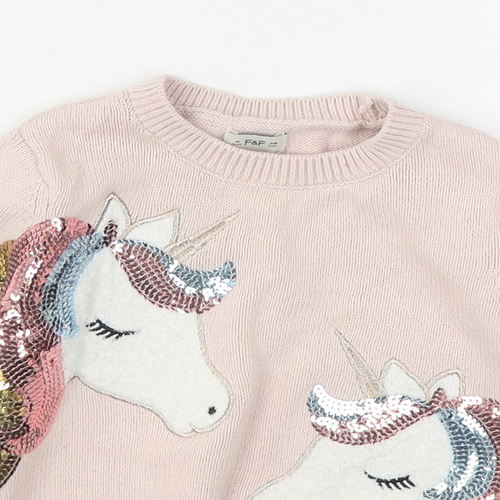 F&F Girls Pink Round Neck  Cotton Pullover Jumper Size 3-4 Years  Pullover