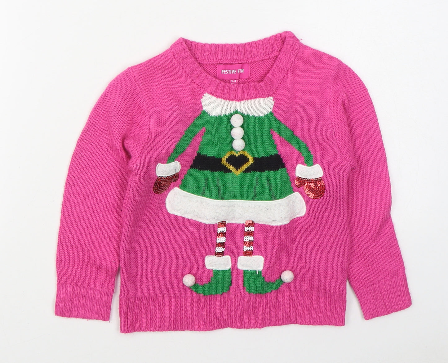Festive fun Girls Pink Round Neck  Acrylic Pullover Jumper Size 4-5 Years  Pullover - Christmas Jumper