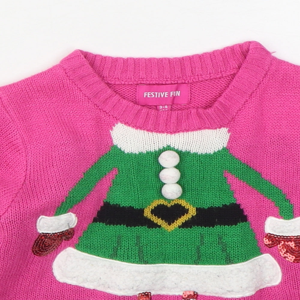 Festive fun Girls Pink Round Neck  Acrylic Pullover Jumper Size 4-5 Years  Pullover - Christmas Jumper