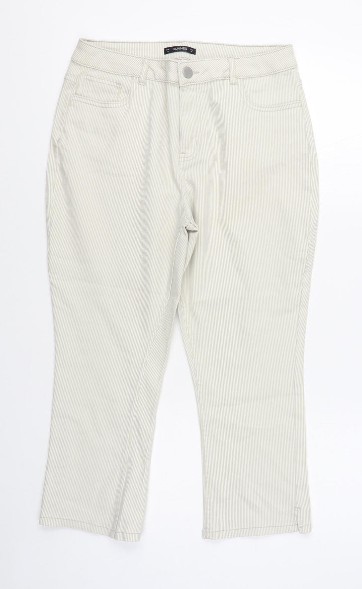 Dunnes Stores Womens Beige Striped Cotton Trousers Size 14 L22 in Regular Zip