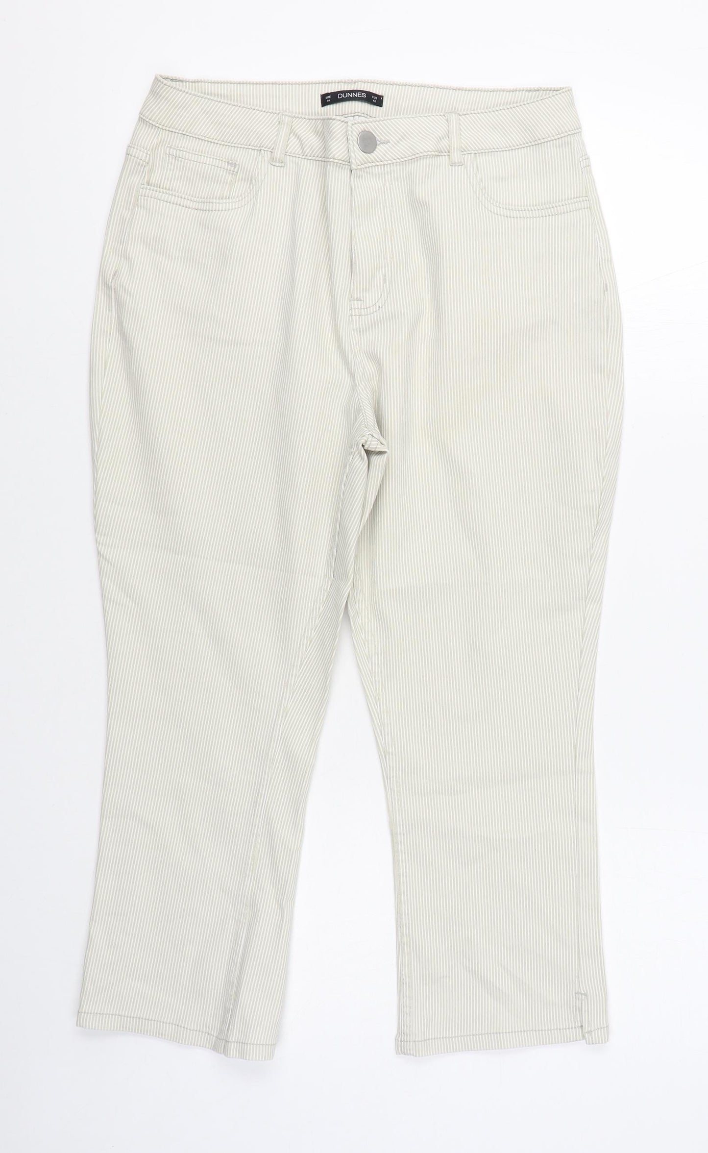 Dunnes Stores Womens Beige Striped Cotton Trousers  Size 14 L22 in Regular Zip
