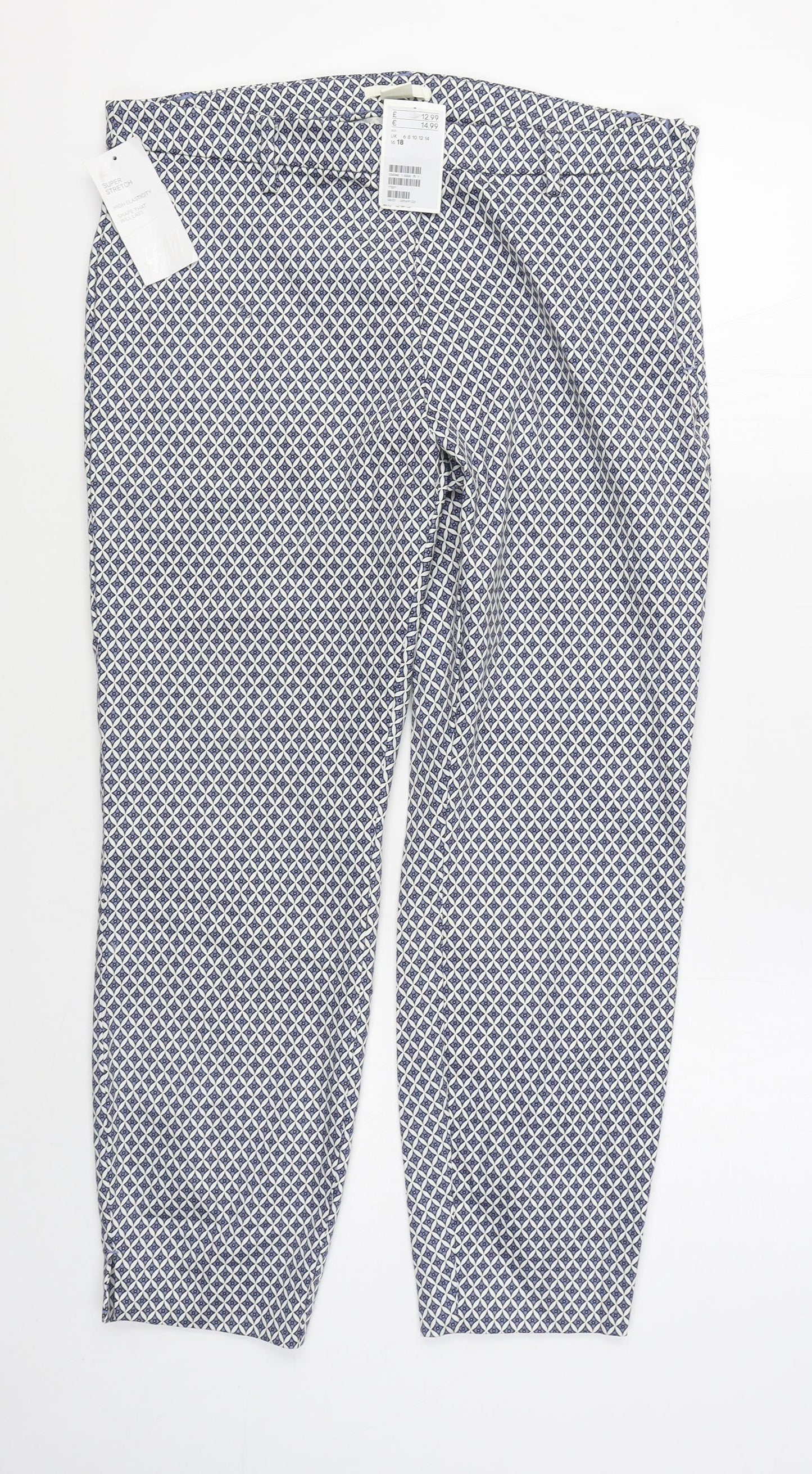 H&M Womens Blue Geometric Cotton Trousers  Size 18 L27 in Regular Zip