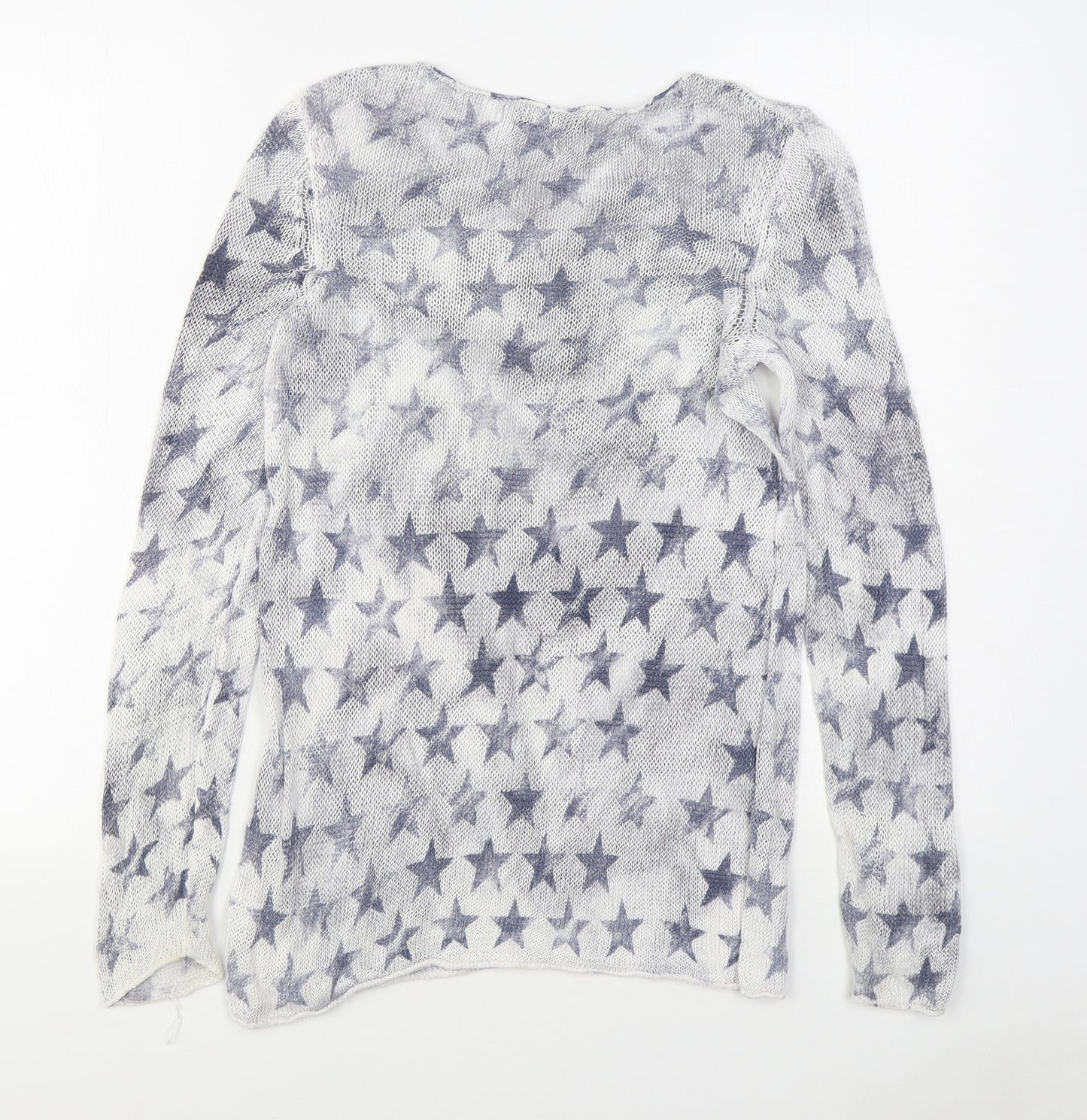 monari Womens Blue Boat Neck Geometric Linen Pullover Jumper Size 10