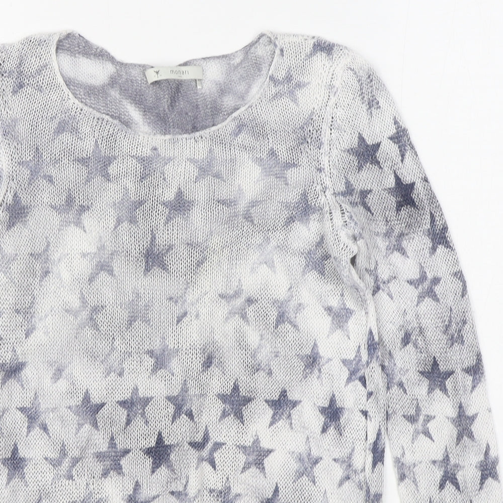 monari Womens Blue Boat Neck Geometric Linen Pullover Jumper Size 10