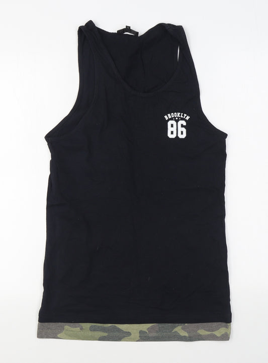 Front view of River Island men’s black cotton basic tank, size S, scoop neck pullover