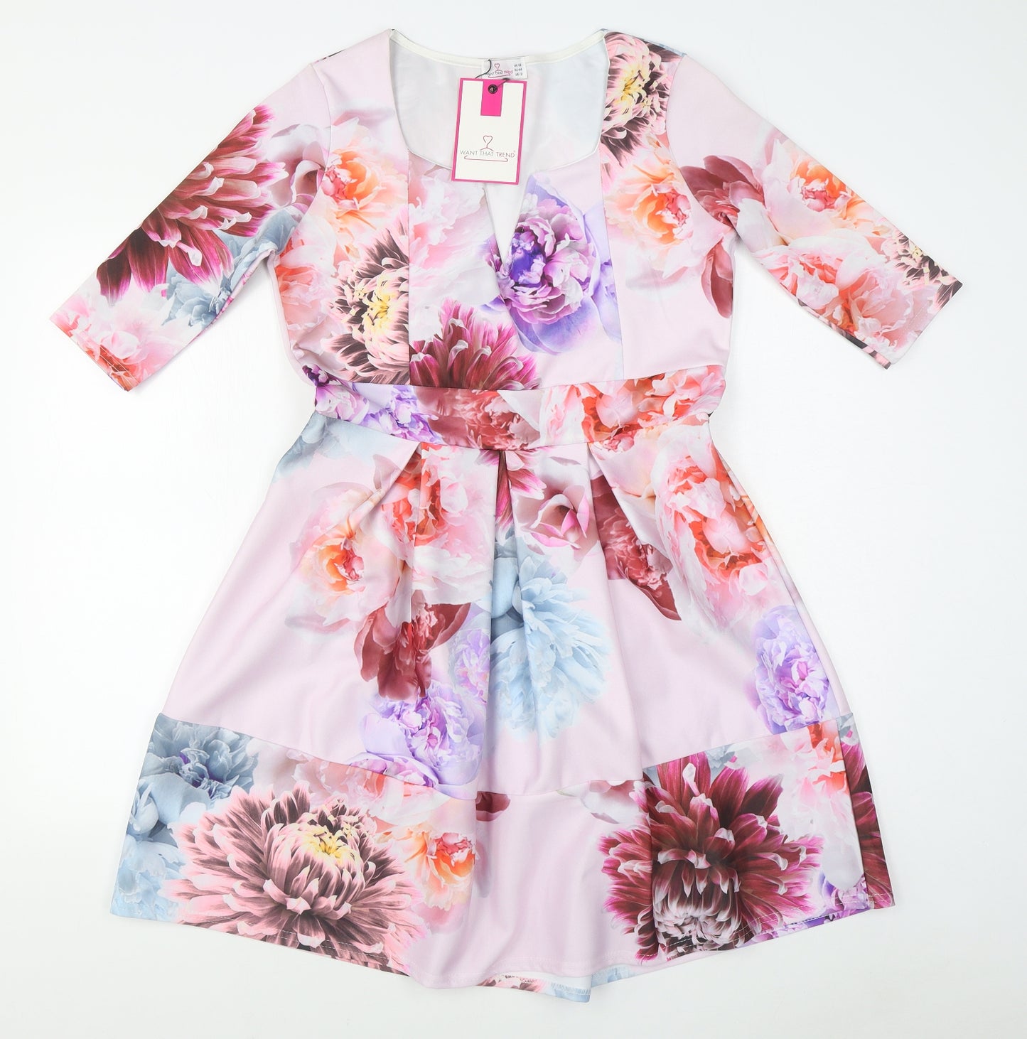 Want That Trend Womens Multicoloured Floral Polyester Skater Dress  Size 16  Square Neck Pullover