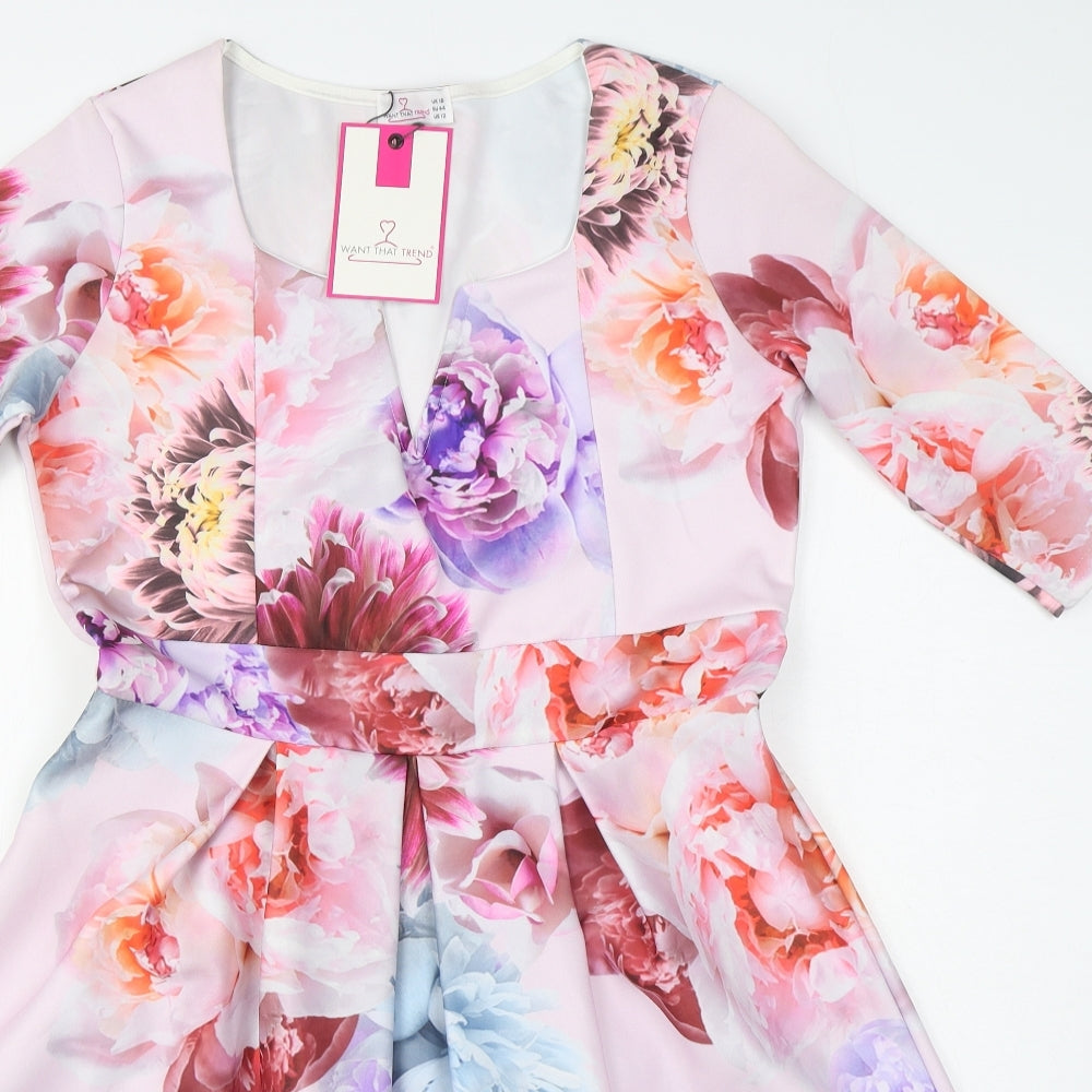 Want That Trend Womens Multicoloured Floral Polyester Skater Dress  Size 16  Square Neck Pullover