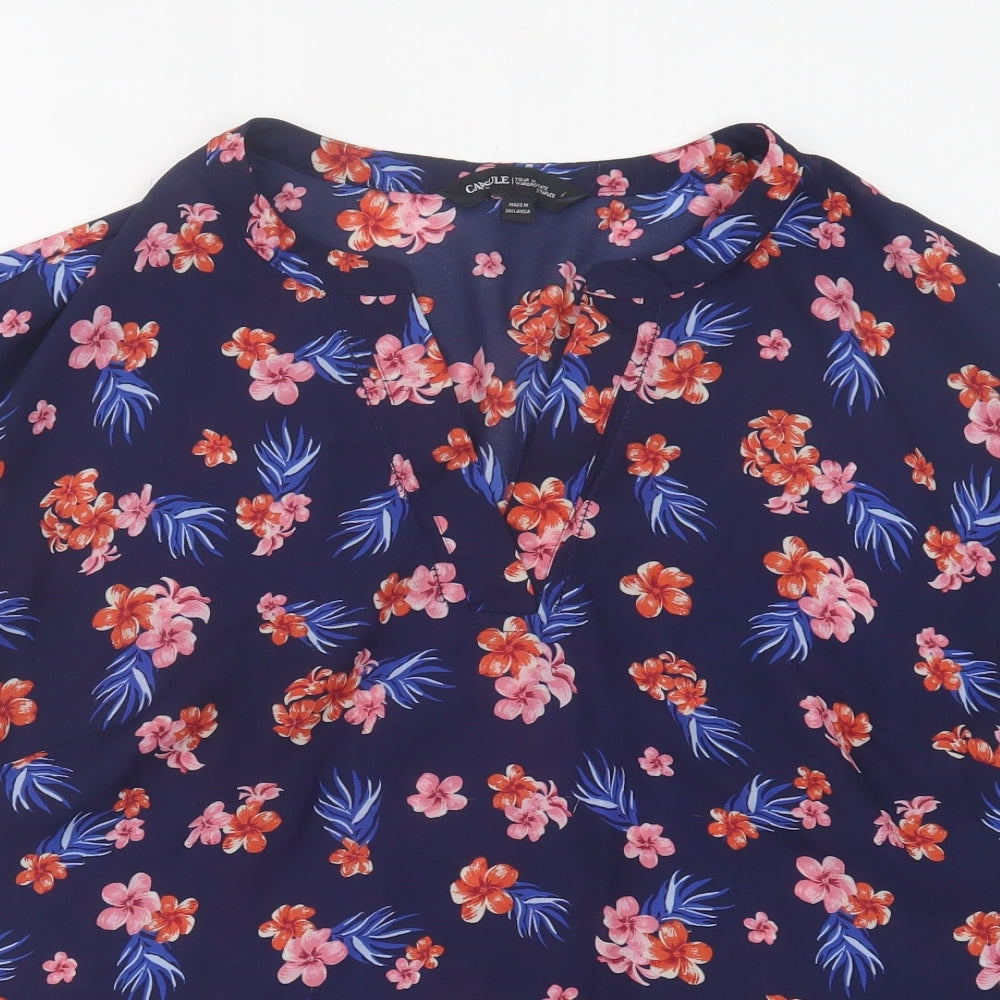 casule Womens Blue Floral Polyester Basic T-Shirt Size 20 V-Neck