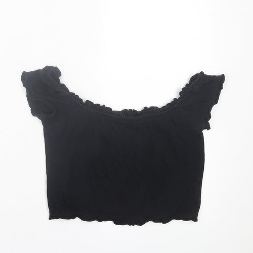 New Look Womens Black  Cotton Cropped T-Shirt Size 8 Boat Neck