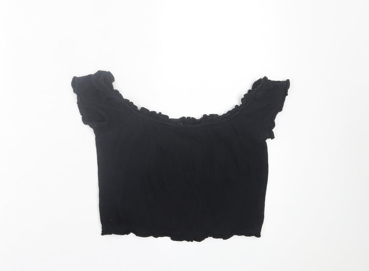 New Look Womens Black  Cotton Cropped T-Shirt Size 8 Boat Neck
