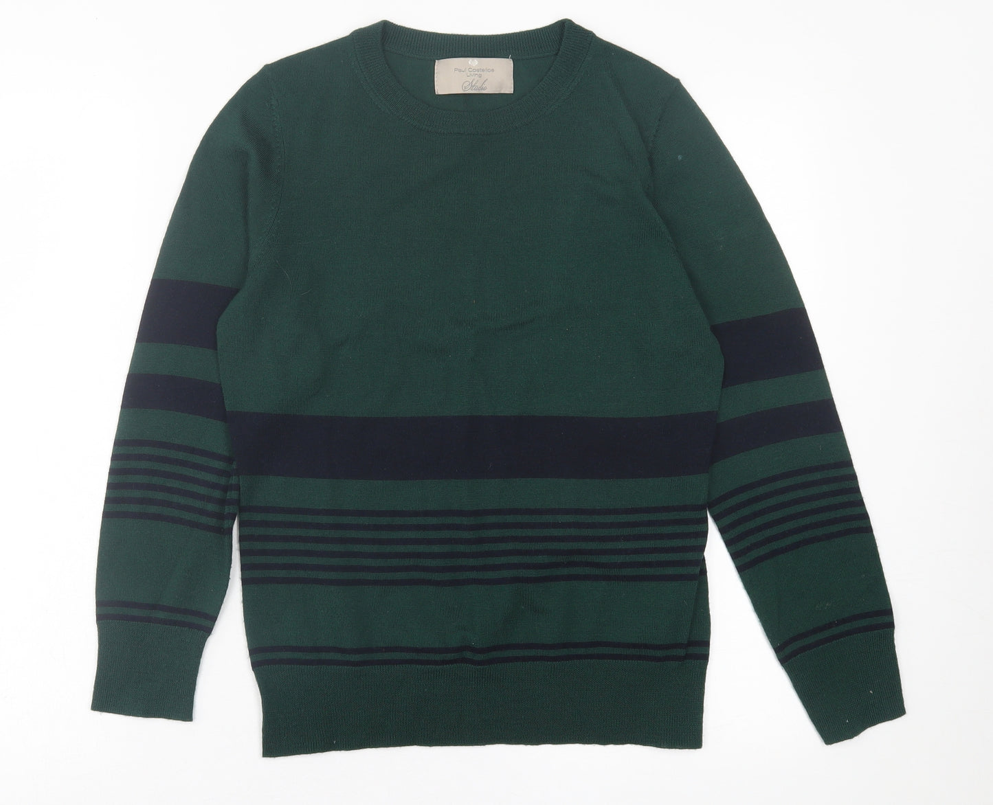 Paul Costelloe Mens Green Crew Neck Striped Wool Pullover Jumper Size S