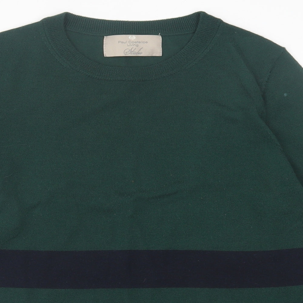 Paul Costelloe Mens Green Crew Neck Striped Wool Pullover Jumper Size S