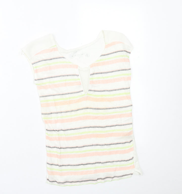 NAF NAF Womens Multicoloured Striped Linen Basic T-Shirt Size S Crew Neck
