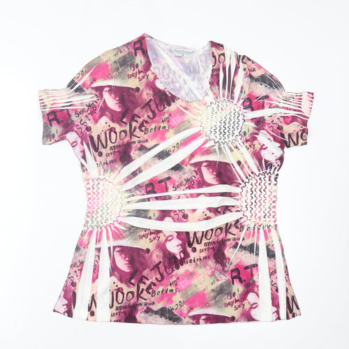Sarah Louise Womens Pink Geometric Polyester Basic T-Shirt Size M Crew Neck