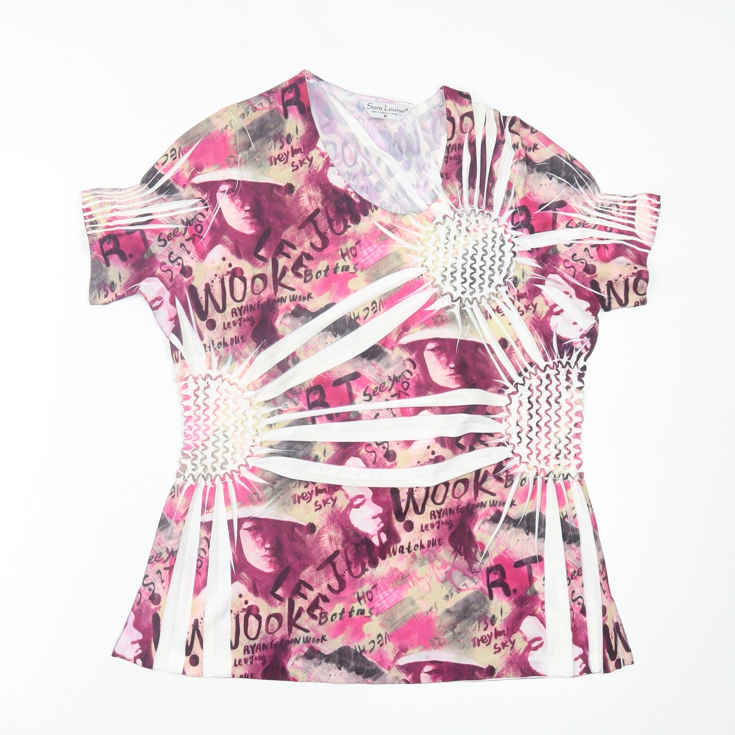 Sarah Louise Womens Pink Geometric Polyester Basic T-Shirt Size M Crew Neck
