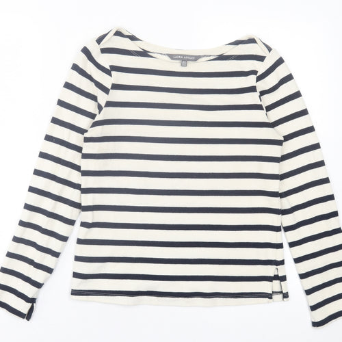 Laura Ashley Womens White Striped Cotton Basic T-Shirt Size 8 Boat Neck