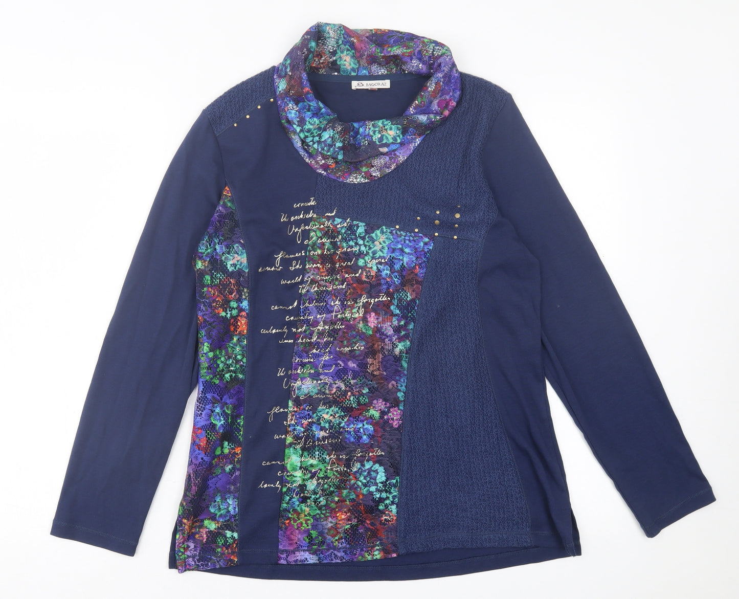 Bagoraz Womens Blue Geometric Polyester Basic T-Shirt Size L High Neck