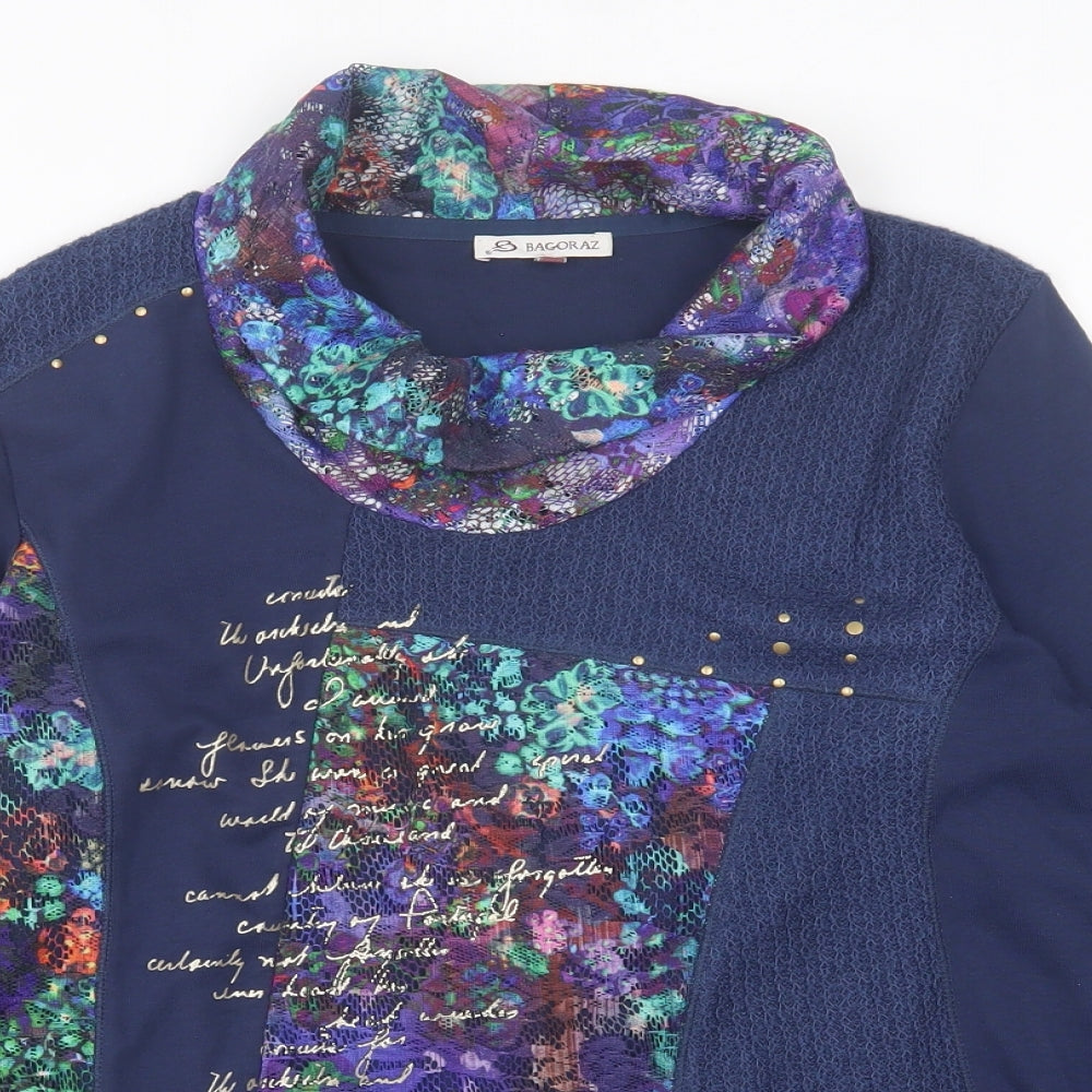 Bagoraz Womens Blue Geometric Polyester Basic T-Shirt Size L High Neck