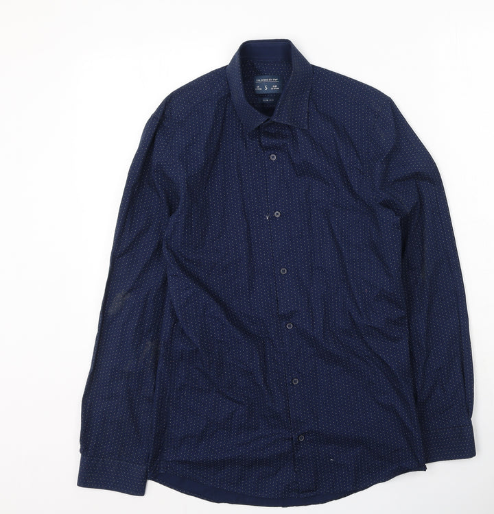 F&F Mens Blue Polka Dot Cotton Button-Up Size S Collared
