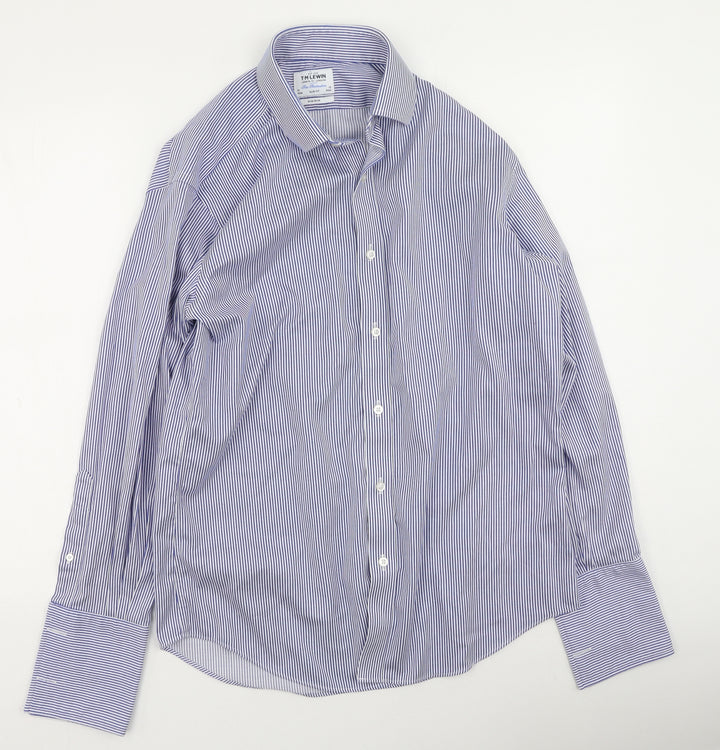 T.M.Lewin Mens Blue Striped Cotton Button-Up Size 34 Collared