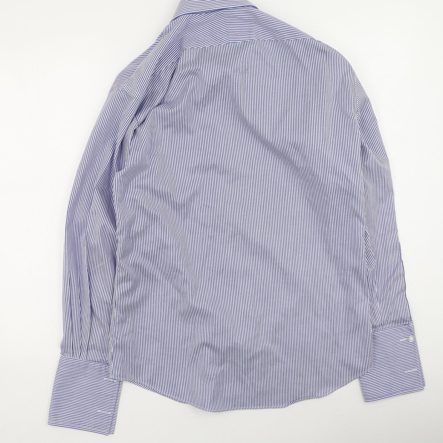 T.M.Lewin Mens Blue Striped Cotton  Button-Up Size 34 Collared