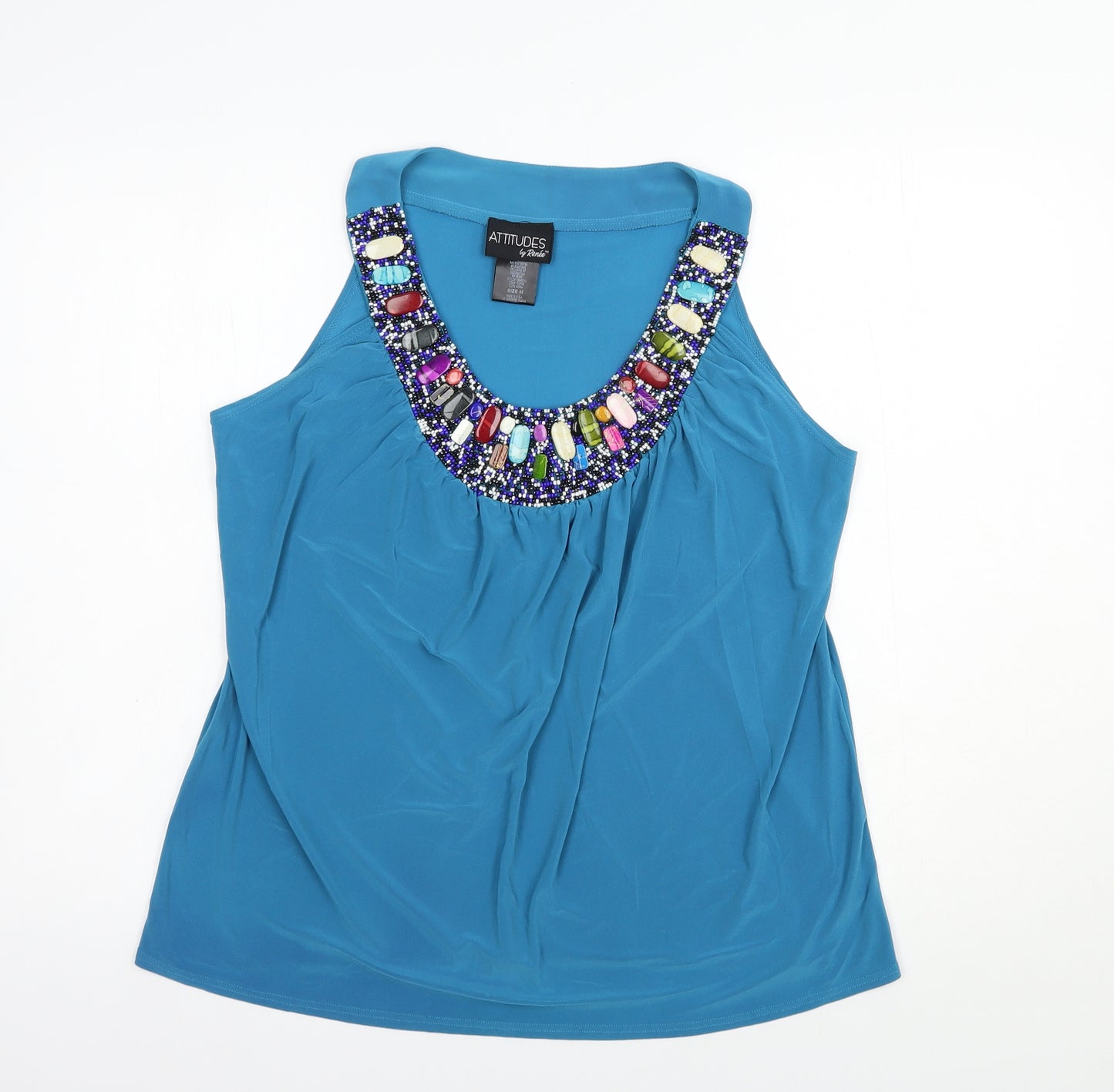 Attitudes Womens Blue  Polyester Basic T-Shirt Size M Scoop Neck - Embellished Neckline