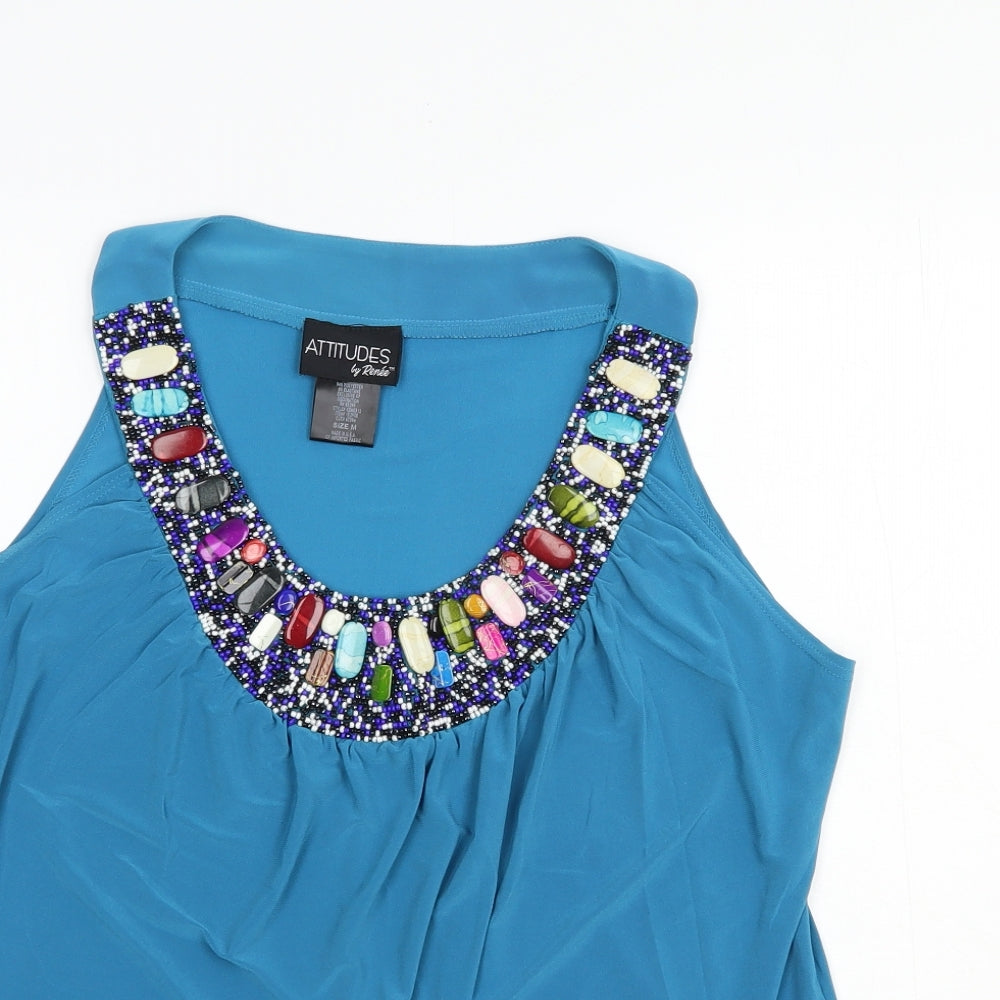 Attitudes Womens Blue  Polyester Basic T-Shirt Size M Scoop Neck - Embellished Neckline