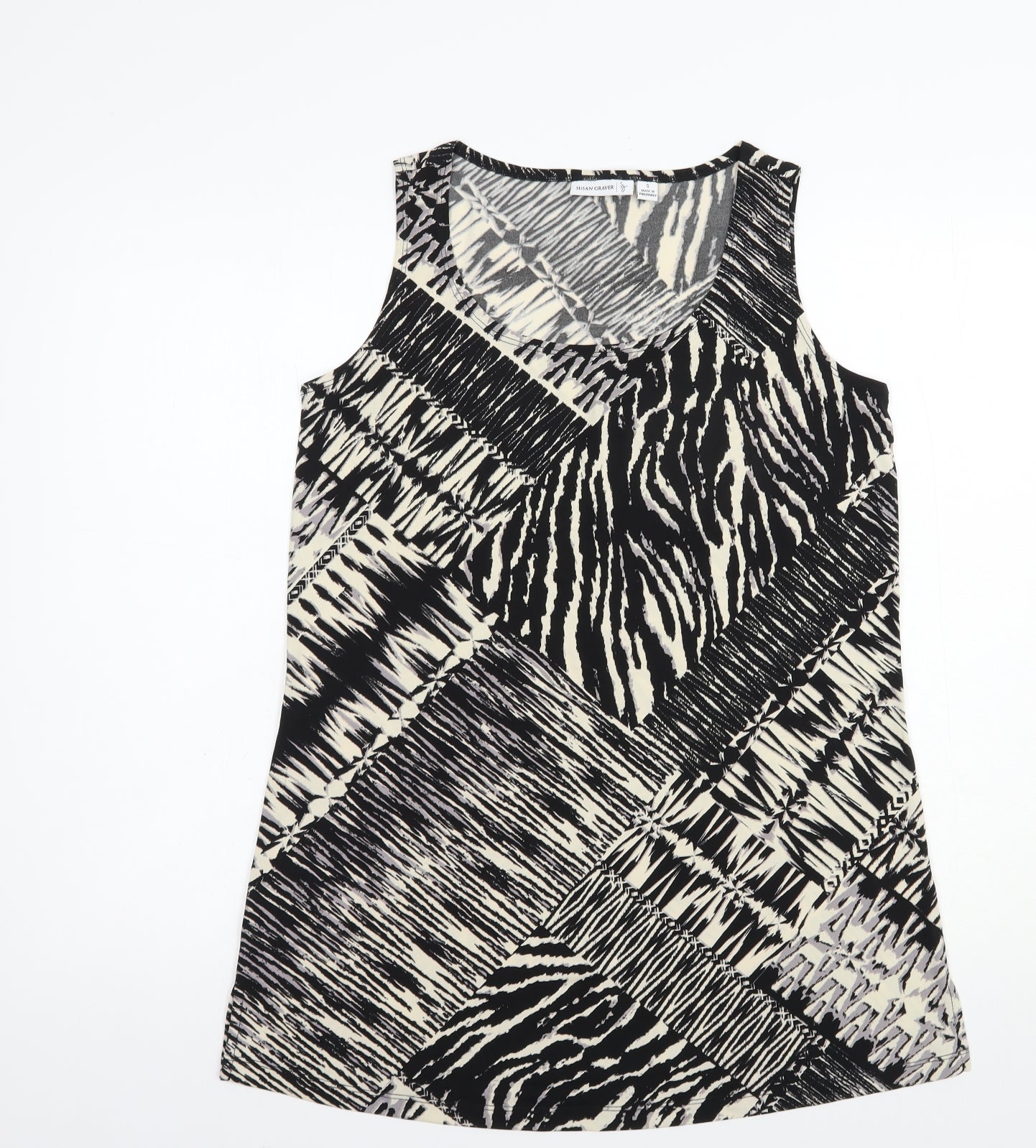 Susan Graver Womens Black Animal Print Polyester Basic Tank Size S Scoop Neck